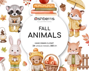 Autumn Animals Clipart, Baby Animals png, Fall Animal Clip Art Cute Animals Art Forest Baby Animals Watercolor Autumn Elements Baby Bear Art