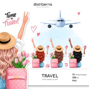 Travel Girl Clipart Elements, Summer Holiday Adventure Clip Art Fashion Girl Clipart, Travel Girl PNG, Digital Illustration Fashion Clip Art