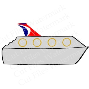 May include: A gray cruise ship with a red, white, and blue flag on the top. The ship has four round windows.