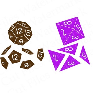 May include: A brown 12-sided die with white numbers is shown exploded into its individual faces. A purple 8-sided die with white numbers is also shown exploded into its individual faces.