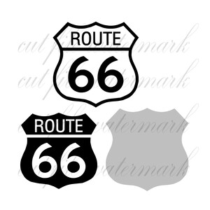 May include: Black and white Route 66 sign with the text "ROUTE 66" in a shield shape. A gray shield shape is also shown.