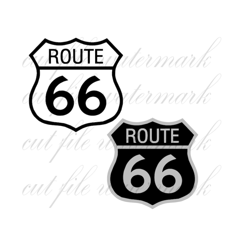 May include: Black and white Route 66 road sign with a white background and black text. The sign is a shield shape with rounded edges. The text "ROUTE 66" is in bold, black letters.