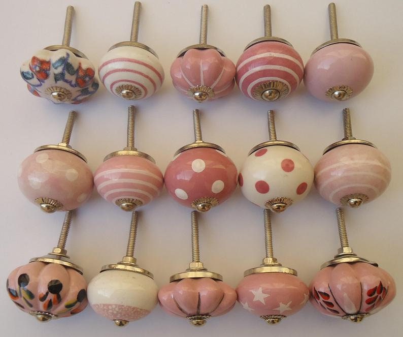 32 Pink and White Gracefull Ceramic Knobs Door Knobs Knobs
