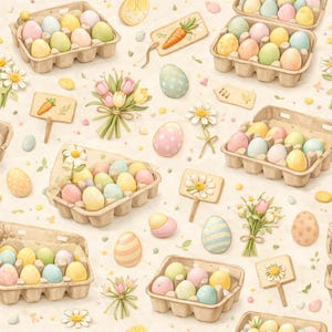 May include: A repeating pattern of pastel-colored Easter eggs in cardboard egg cartons, with daisies, carrots, and floral bouquets. The eggs are in shades of pink, blue, yellow, and green, creating a cheerful, spring-themed design.