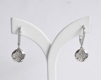 18k White Gold Diamond / Clover Post Earring Leverback Closure / Diamond Dangle Lucky Clover Bridal Earring / DE50