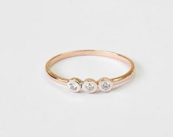 Three Stone Diamond Engagement Ring / Bezel Set Diamond Ring in 10k 14k 18k Solid Gold / Engagement Ring Thin Gold Dainty Ring