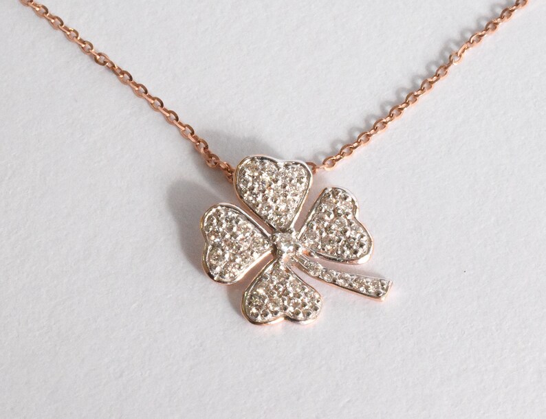 Diamond Clover Charm Necklace 14k Gold Four Leaf Clover Etsy