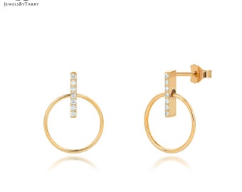 18K Rose gold & White gold / Unique Diamond Earrings / Diamond Bar Earrings / Gold Circle Earrings Diamond / Next day shipping