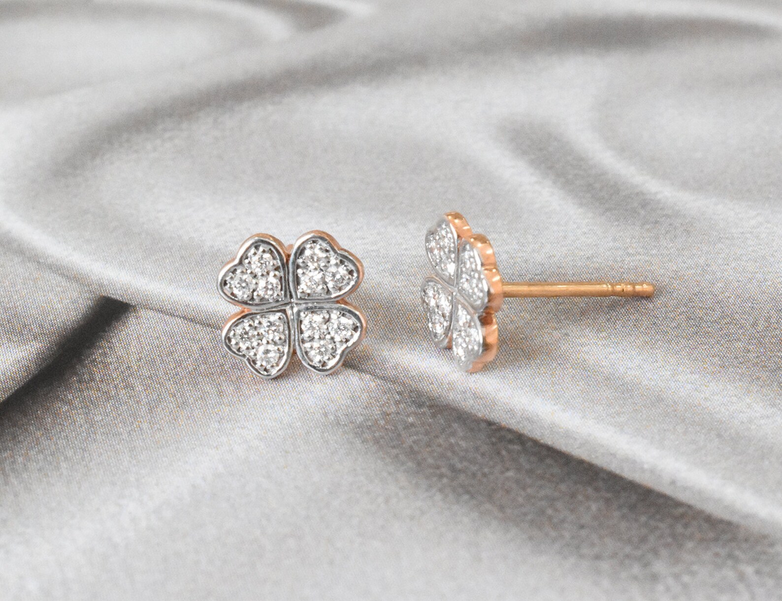Diamond Clover Stud Earrings / 18k 14k 10k Solid Gold Floral Etsy