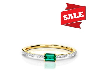 Bague émeraude baguette avec diamants véritables/ Alliance diamants émeraude/ Or 10 carats/14 carats/ 18 carats/ Alliance diamant minimaliste/ Bague de fiançailles