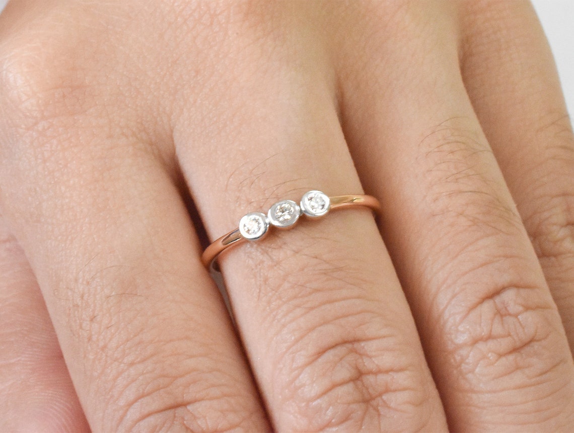 Three Stone Diamond Engagement Ring / Bezel Set Diamond Ring | Etsy