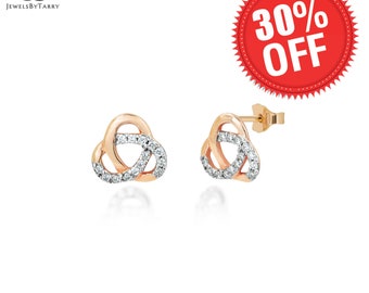 Or rose 18 carats / Boucles d'oreilles noeud d'amour diamants / Boucles d'oreilles de mariée / Cadeau de demoiselle d'honneur / Remise des diplômes d'anniversaire de mariage / Expédition le lendemain