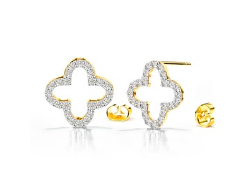 Diamond Clover Stud Earrings / Lucky Clover Earrings / Diamond Stud Earrings / 10k 14k 18k Gold Rose Gold White Gold Dainty Delicate
