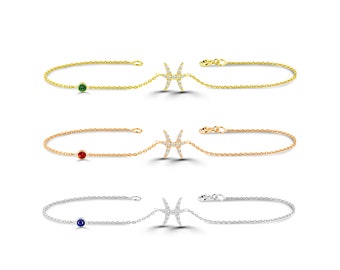 Pisces Zodiac Sign diamond bracelet with Birthstone Charm /Birth Sign bracelet /Gift for Pisces/ Zodiac Jewelry/ Star Sign Diamond bracelet
