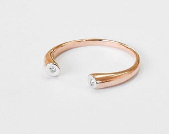 18K Rose gold / Size 7 / Two Diamond Open Ring / Dual Diamond Cuff Ring / Round Diamond Stacking Ring Promise Stacking Ring / Next day ship