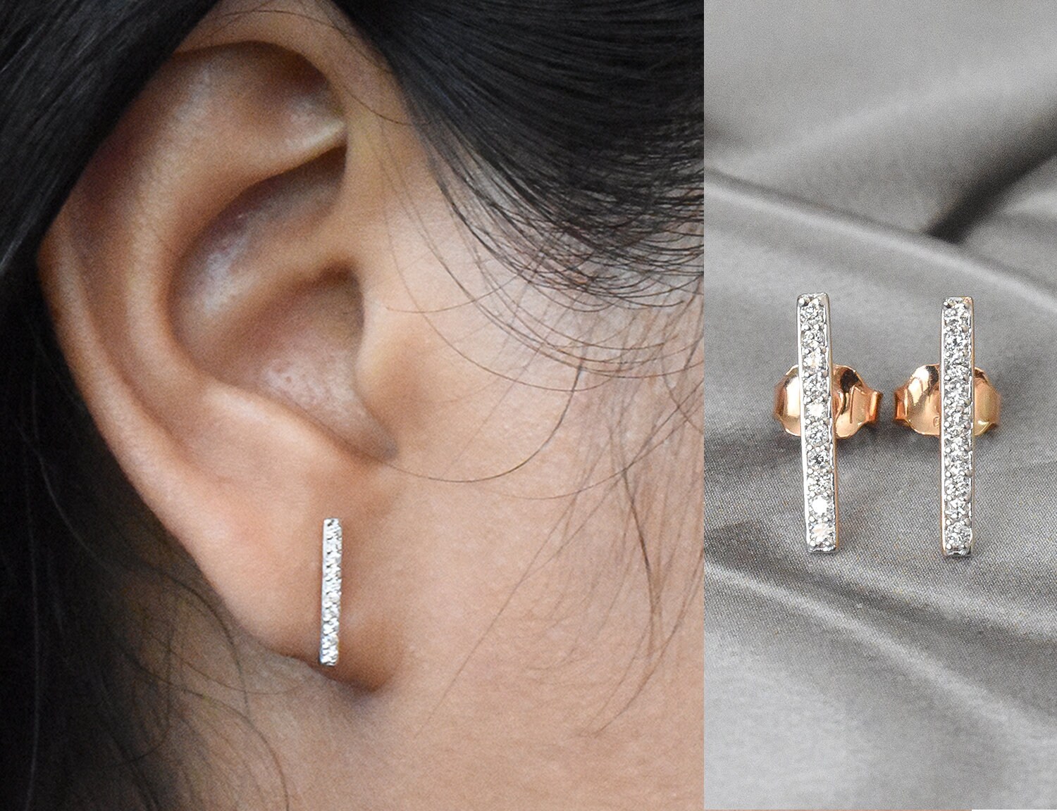 Diamond Bar Earrings in 14k 18k Solid Gold Dainty Bar Etsy