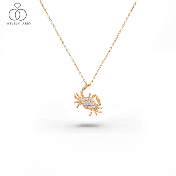 10k 14k 18k Gold Diamond Crab Pendant Necklace Cancer Zodiac