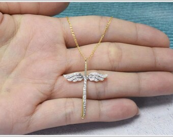 18k Gold Angel Wing Diamond Pendant Necklace / 0.39ct Diamond Angel Pendant Necklace / Valentine Jewelry / Valentine gift / DP684