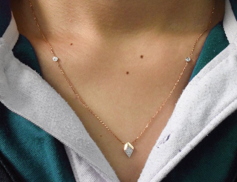 18K Rose gold 18 Minimalist Diamond Charm Necklace Diamond Station Necklace Layering Necklace Arrow Charm NXDOJGD4316