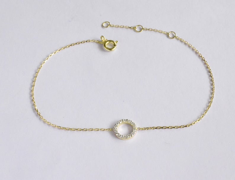 14K Yellow gold 7 Diamond Circle Bracelet Pave Diamond Round Disc Bracelet Chain Bracelet Diamond Charm Bracelet NXDOJGD40B3