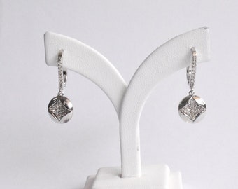 18k White Gold Diamond Post Earring Leverback Closure / Diamond Dangle Earrings Wedding Engagement / Delicate Half Hoop Earrings / DE49