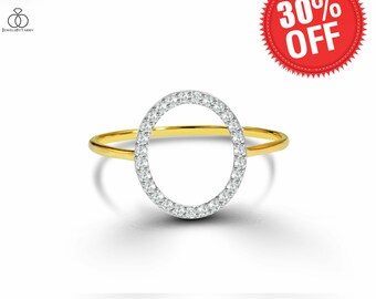 Open Circle Diamond Ring Semi -Oval set in 10k 14k 18k Solid Gold / Proposal Ring / Engagement Ring / Circle Band Ring