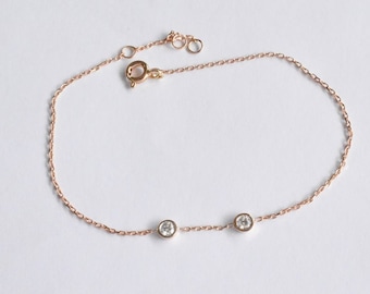 18K Rose gold / 7.5" / Diamond Bracelet / Delicate Diamond Solitaire Bracelet / Two Station Diamond Bracelet / Next day shipping