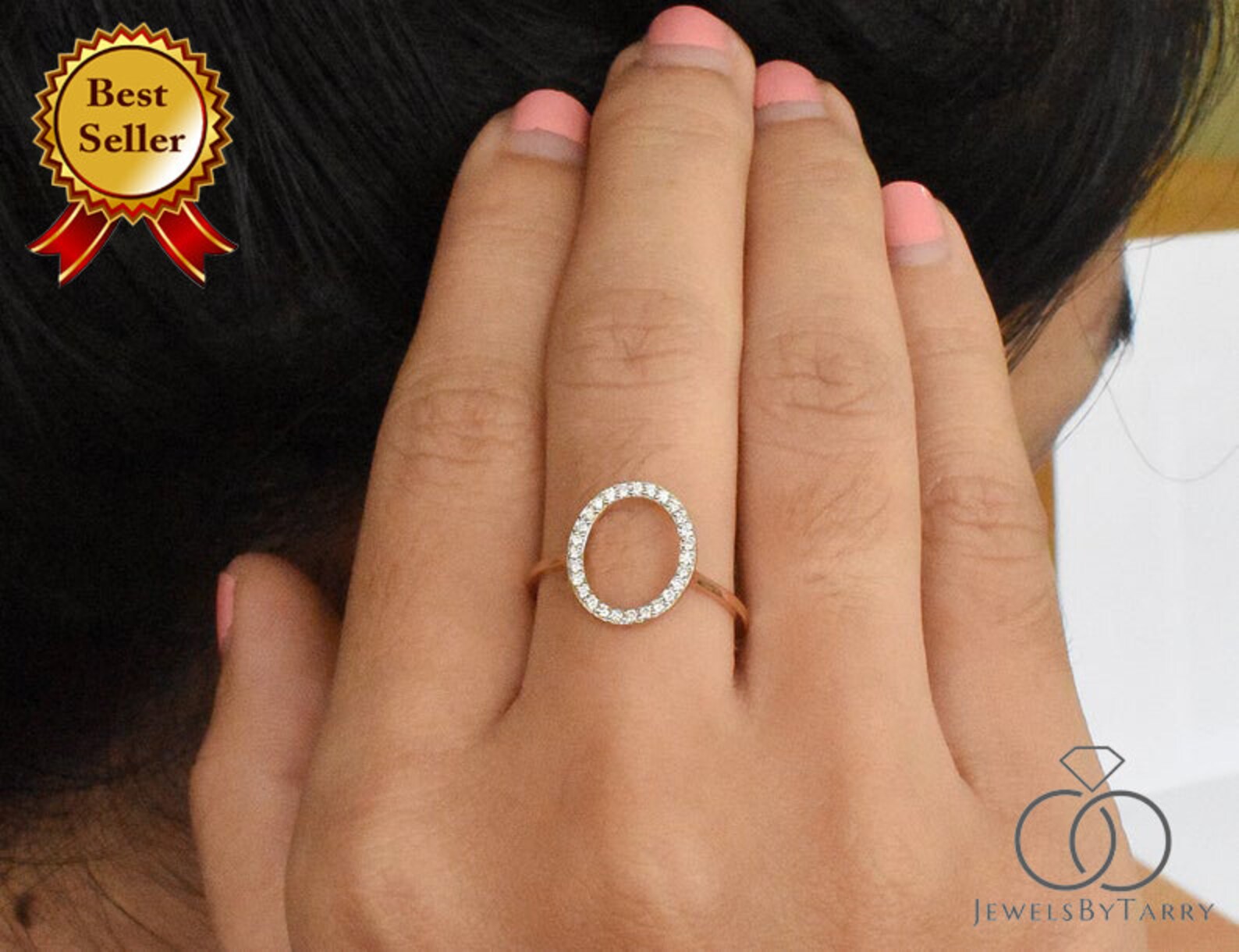 Open Circle Diamond Ring Semi oval Set in 10k 14k 18k Solid Etsy