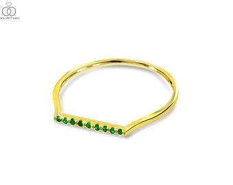 18K Yellow Gold / Size 7 / Natural Emerald Ring / Thin Emerald Ring / gold Emerald Bar Ring / Micro Pave Minimalist Ring / Next day ship