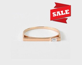 Baguette Diamond Bar Ring / 18k 14k 10k Gold Flat Bar Ring / Bar Diamond Ring Stacking Ring Minimalist Thin Everyday Modern Ring