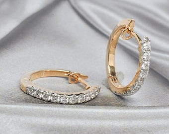 18k 14k 10k Gold Diamond Tiny Hoop Earring / 16mm Diamond Huggies Hoop / Hinged Hoop / Tiny Dainty Minimalist diamond Hoop / Valentines gift