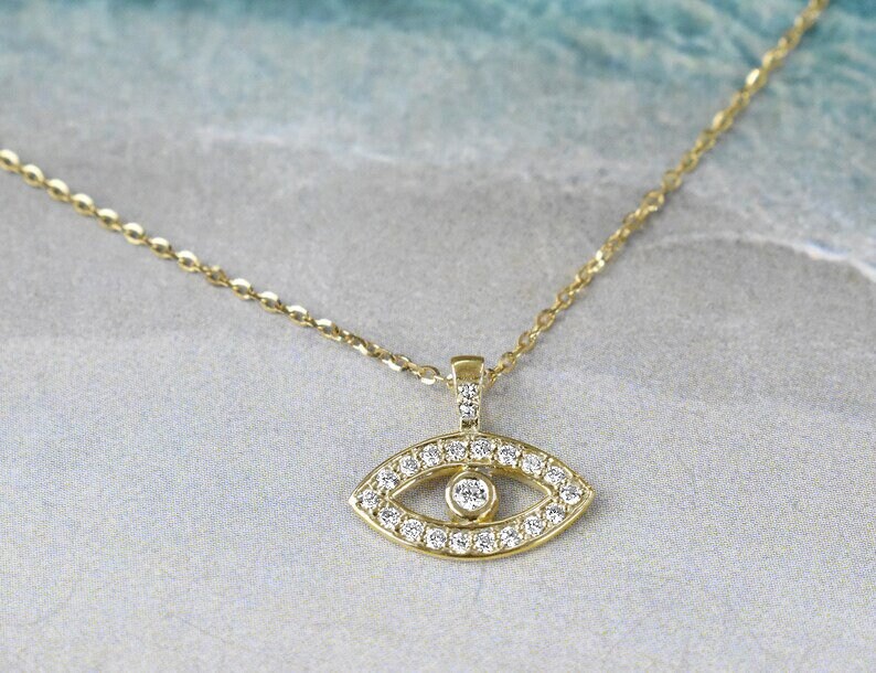 Evil Eye Necklace / 10k 14k 18k Solid Gold Diamond Evil Eye | Etsy