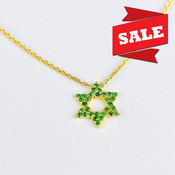 Star Of David Emerald Necklace Pendant / 10k 14k 18k Gold Star Necklace / Dainty Delicate Minimalist Necklace / May Birthstone