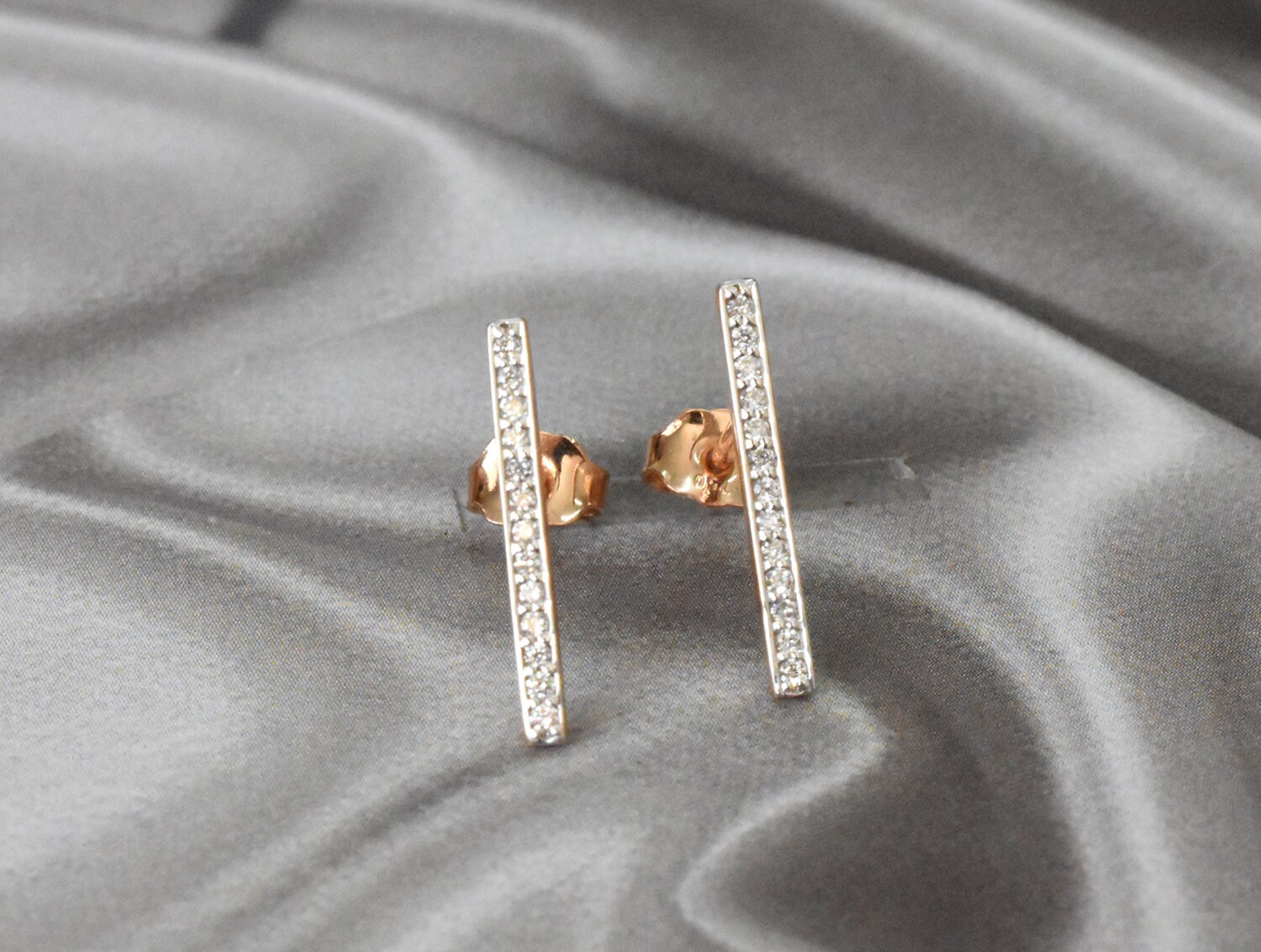 Long Diamond Bar Earrings in 10k 14k 18k Solid Gold / Dainty Etsy