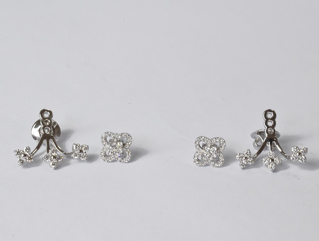 Diamond Ear Jacket Stud Earring / Solid 18k White Gold Earring / in and