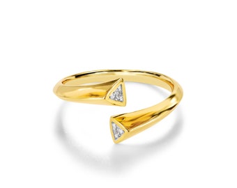 18K White Gold / Size 6.5 / Unique Gold Diamond Ring / Minimalist Diamond Ring / Two Diamond Bypass Stacking Ring / Next day ship