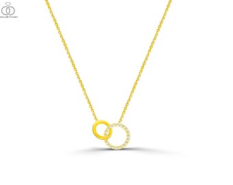 Dainty interlocking two circle  diamond necklace, Eternity circle necklace / Diamond stud earrings / Gold studs/ Dainty earrings