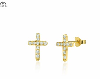 14K Yellow gold / Diamond Cross Stud Earring / Tiny Cross Stud / Delicate Gold Earring / Fine Gold Diamond Earring / Next day shipping