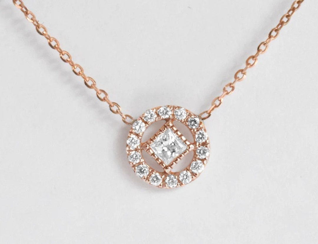 Diamond Halo Necklace/ Princess Cut Necklace / Dainty Diamond - Etsy