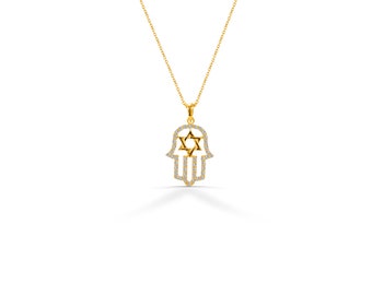 Hamsa Hand Diamond Necklace / Star of David Necklace / Hand of Fatima necklace /Pave Diamond Necklace / Minimalist Necklace For Women