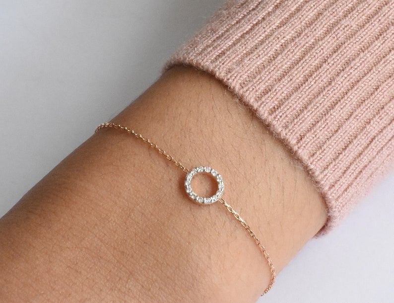 14K Yellow gold 7 Diamond Circle Bracelet Pave Diamond Round Disc Bracelet Chain Bracelet Diamond Charm Bracelet NXDOJGD40B3