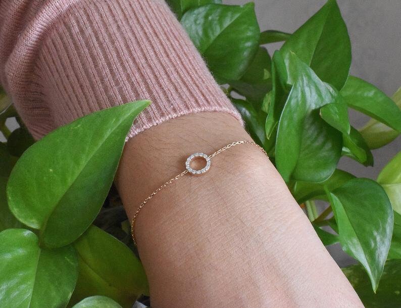14K Yellow gold 7 Diamond Circle Bracelet Pave Diamond Round Disc Bracelet Chain Bracelet Diamond Charm Bracelet NXDOJGD40B3