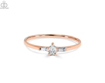 18K Rose gold / Size 7 / Pear Cut Diamond Ring / Baguette Diamond Ring / Engagement Ring Wedding Ring / Next day shipping