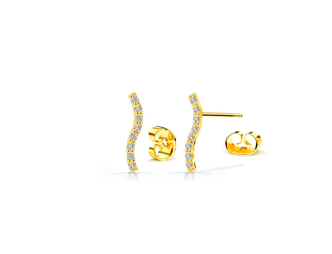 Diamond Bar Stud Earrings / 18k 14k 10k Gold / Curved Bar Earring ...