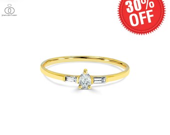 Pear Cut Diamond Ring / Baguette Diamond Ring / 18k 14k 10k Gold Diamond Ring / Engagement Ring Wedding Ring Promise Ring Rose Gold