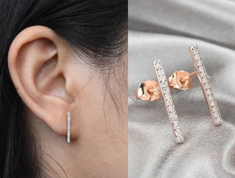 Long Diamond Bar Earrings in 14k 18k Solid Gold Dainty Bar Etsy
