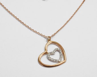 Diamond double Heart Necklace / 10k 14k 18k Gold Necklace| Valentine Jewelry / Heart in Heart Diamond Necklace / Diamond Bridal Jewelry