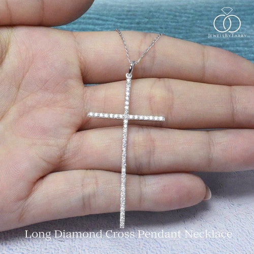 Long Diamond Cross Pendant Necklace 