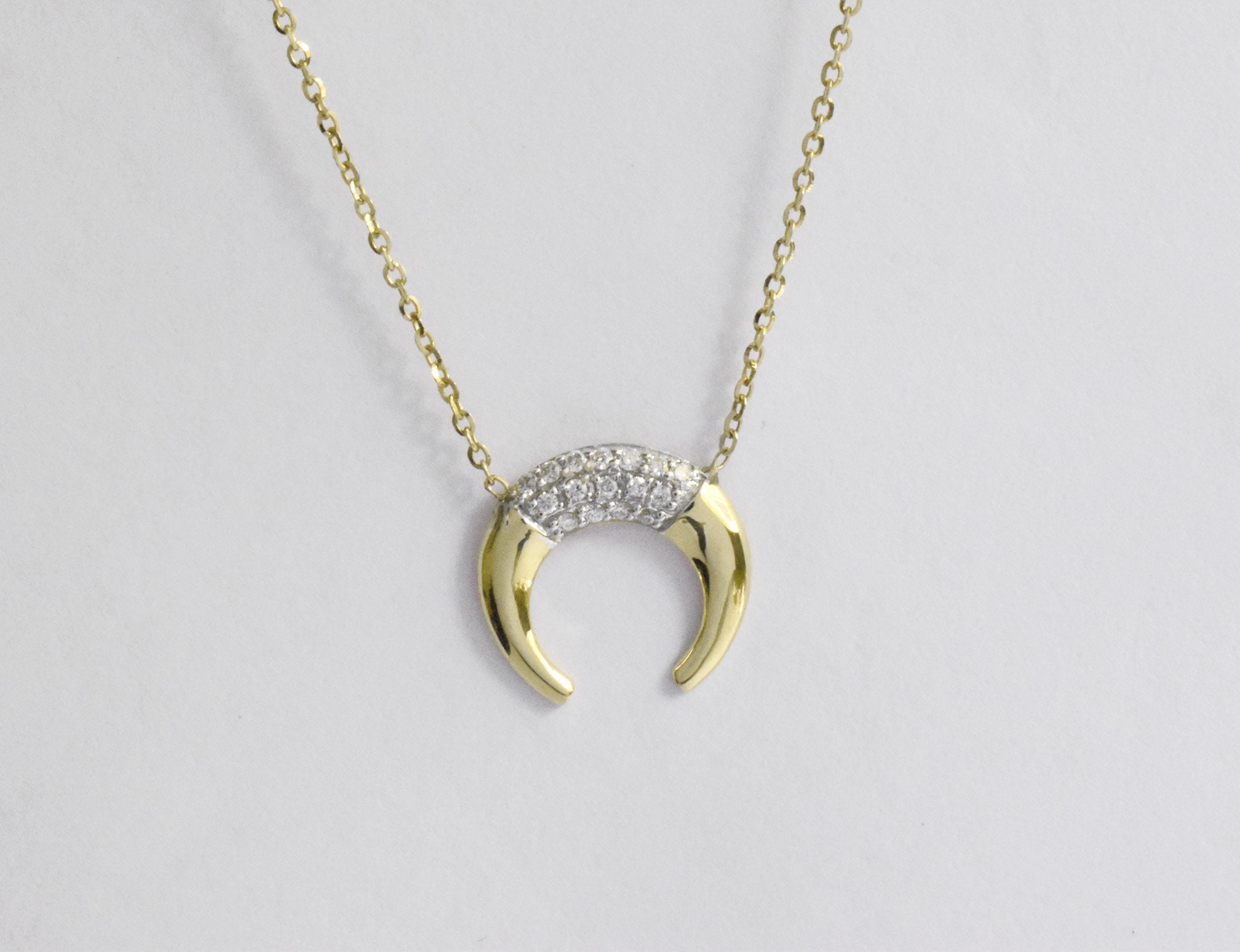 Diamond Horn Necklace / 10k 14k 18k Gold Double Horn Pendant | Etsy