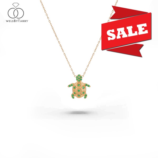 Emerald Turtle Necklace / 10k 14k 18k Solid Gold Necklace / Turtle Charm Necklace / Lucky Emerald  Necklace / Birthstone Gift